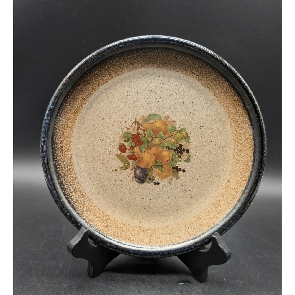 Monroe Salt Works Maine Salt Glazed Stoneware Fruit Harvest Plate Blue Rim 7.25"